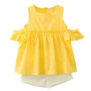 2 Pcs Cute Girl Solid Color Off-shoulder Tops And Shorts