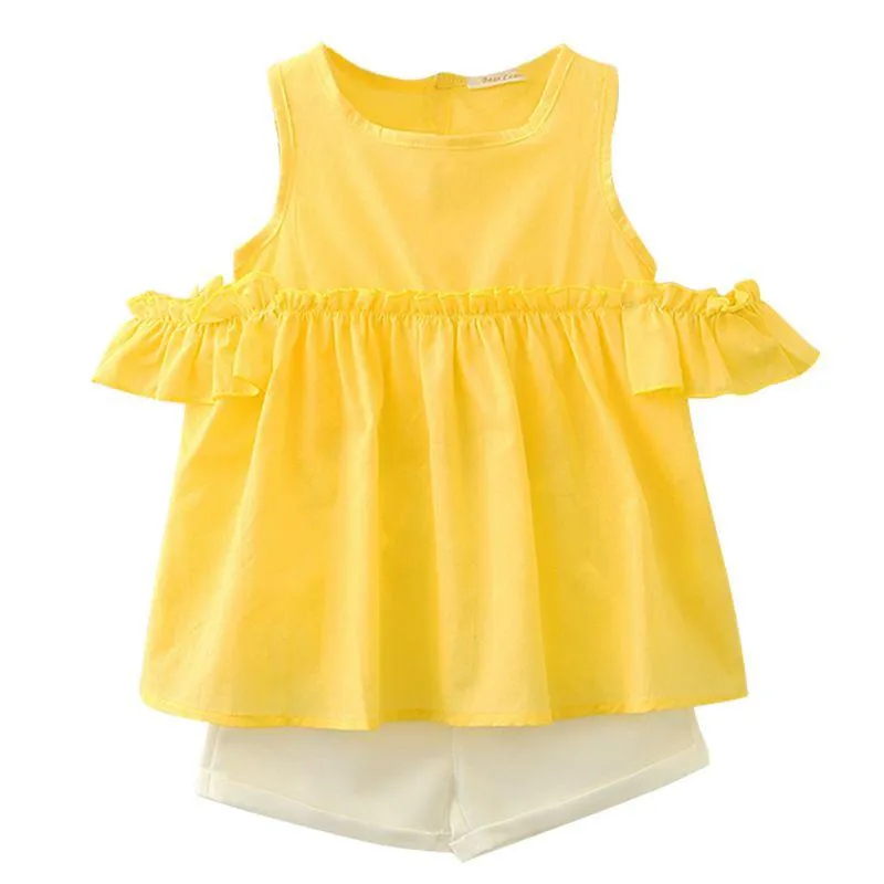 2 Pcs Cute Girl Solid Color Off-shoulder Tops And Shorts