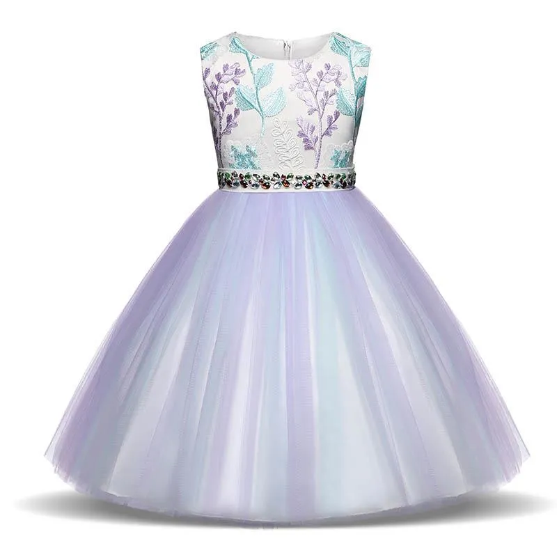 Beautiful Colorful Flower Embroidery Rhinestone-Belt Tulle Party Dress
