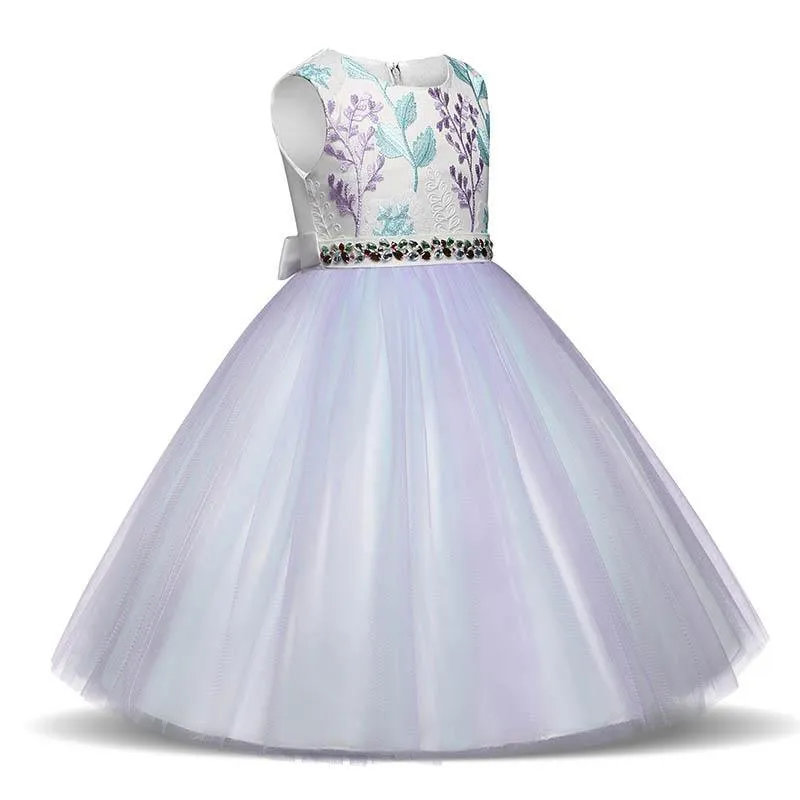 Beautiful Colorful Flower Embroidery Rhinestone-Belt Tulle Party Dress