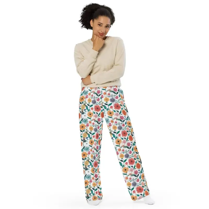 Blossom Spring Vibrant Flowers Wide Leg Pants
