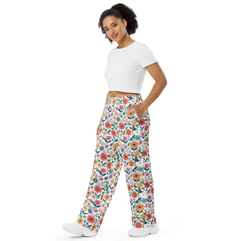 Blossom Spring Vibrant Flowers Wide Leg Pants