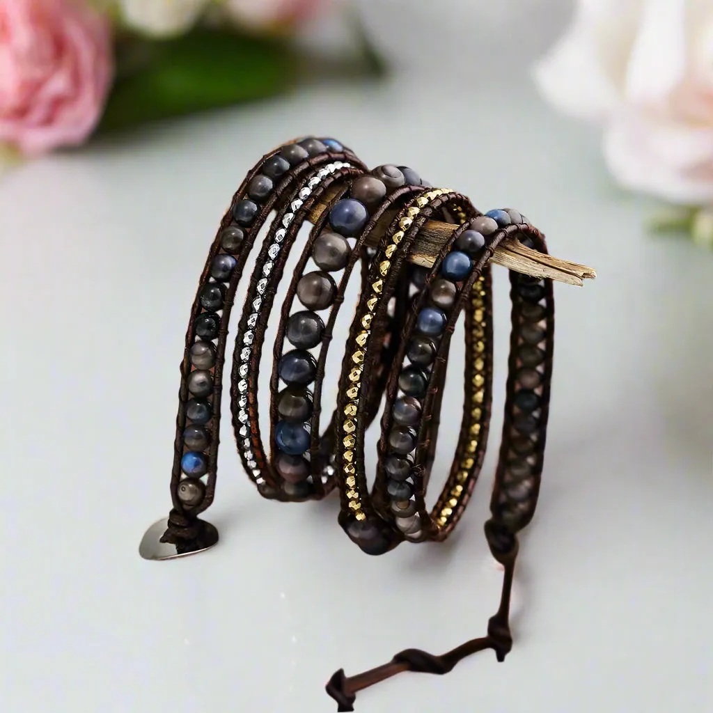 Boho Handmade Leather 5 Wraps Hematite Bracelet