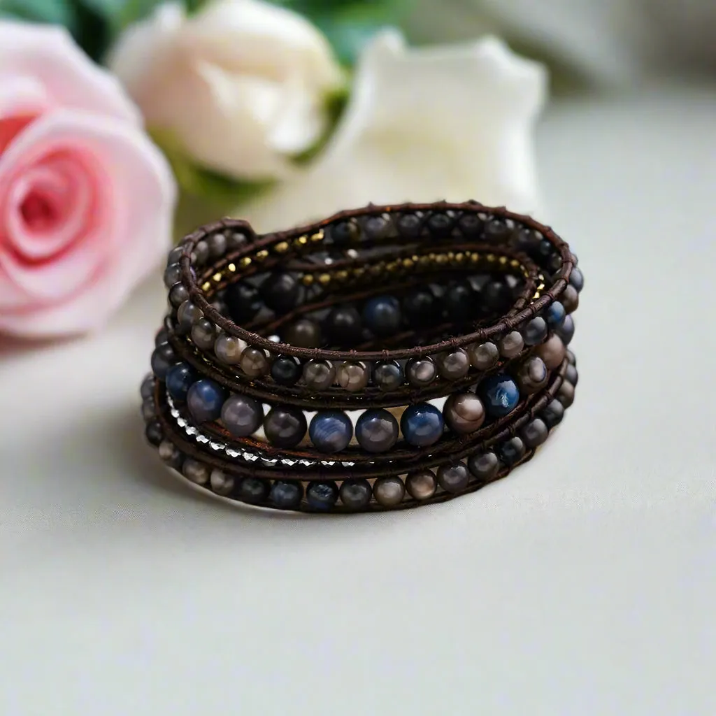 Boho Handmade Leather 5 Wraps Hematite Bracelet