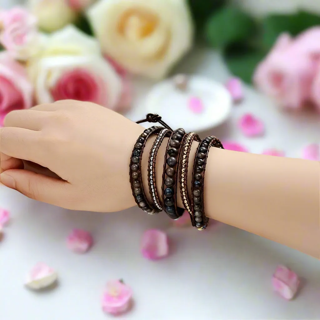 Boho Handmade Leather 5 Wraps Hematite Bracelet