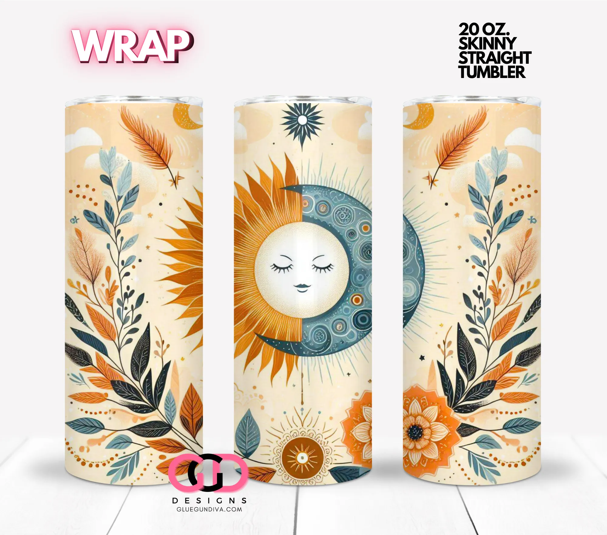 Boho Sun & Moon -  Digital tumbler wrap for 20 oz skinny straight tumbler
