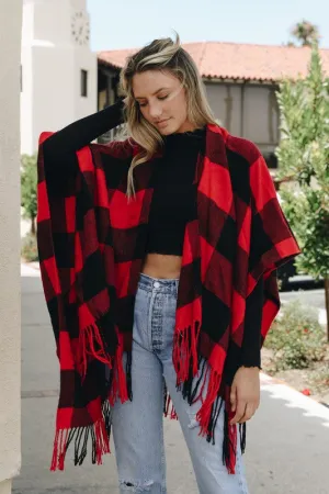Buffalo Plaid Red Tassel Poncho
