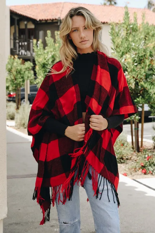 Buffalo Plaid Red Tassel Poncho