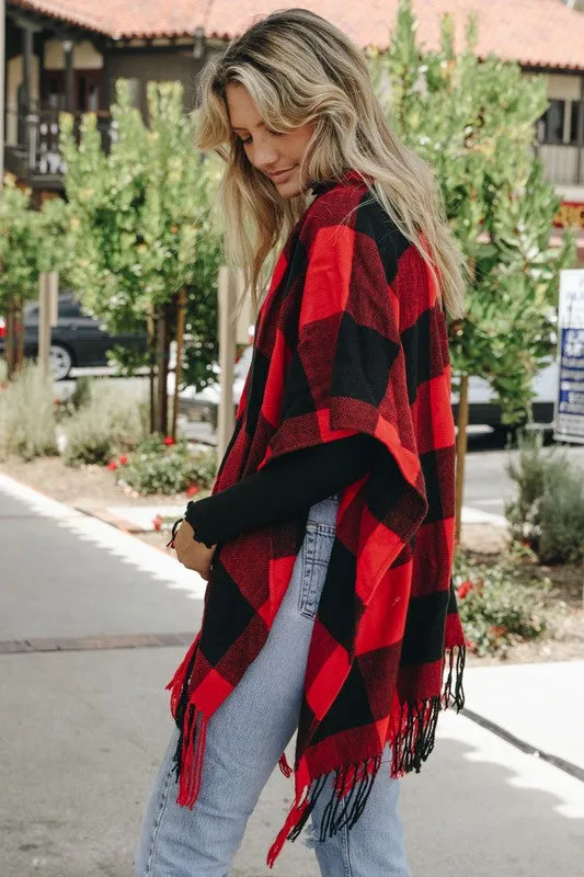 Buffalo Plaid Red Tassel Poncho