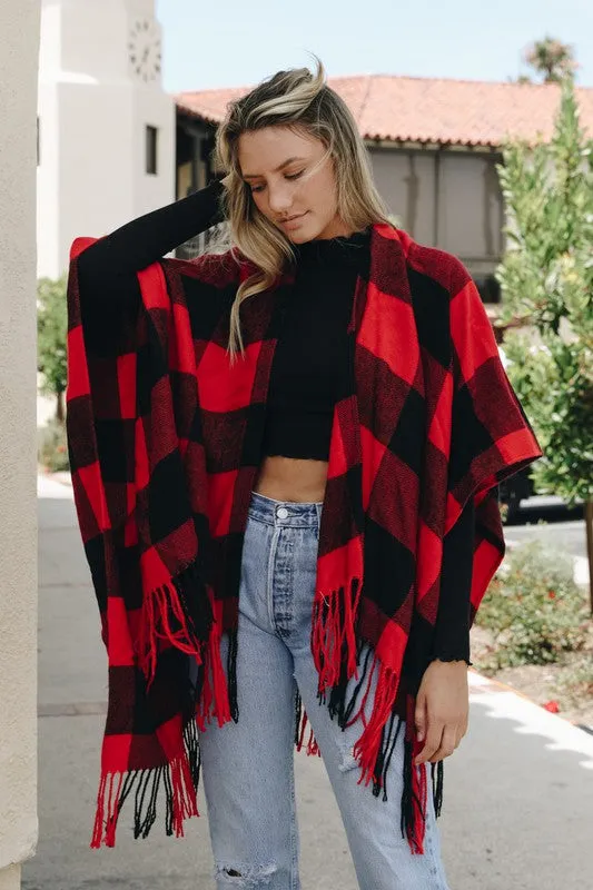 Buffalo Plaid Red Tassel Poncho