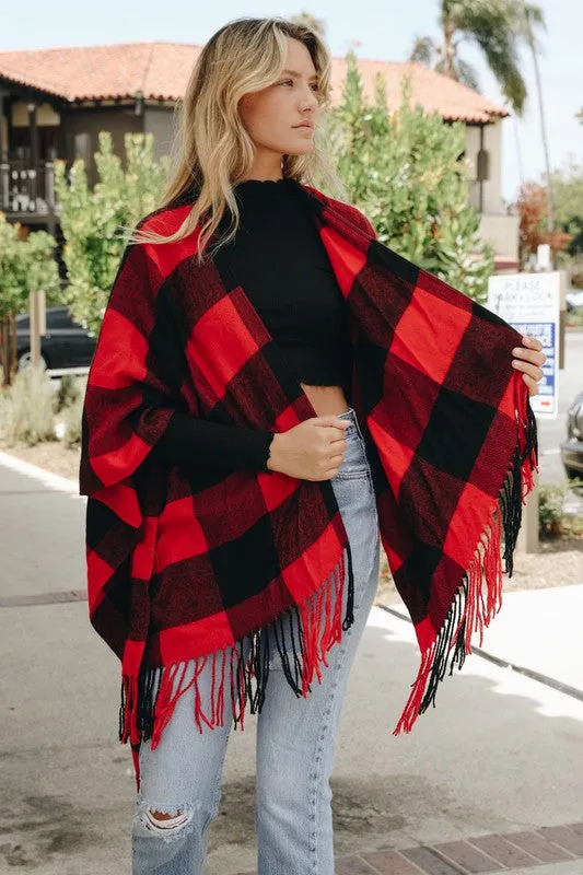 Buffalo Plaid Red Tassel Poncho