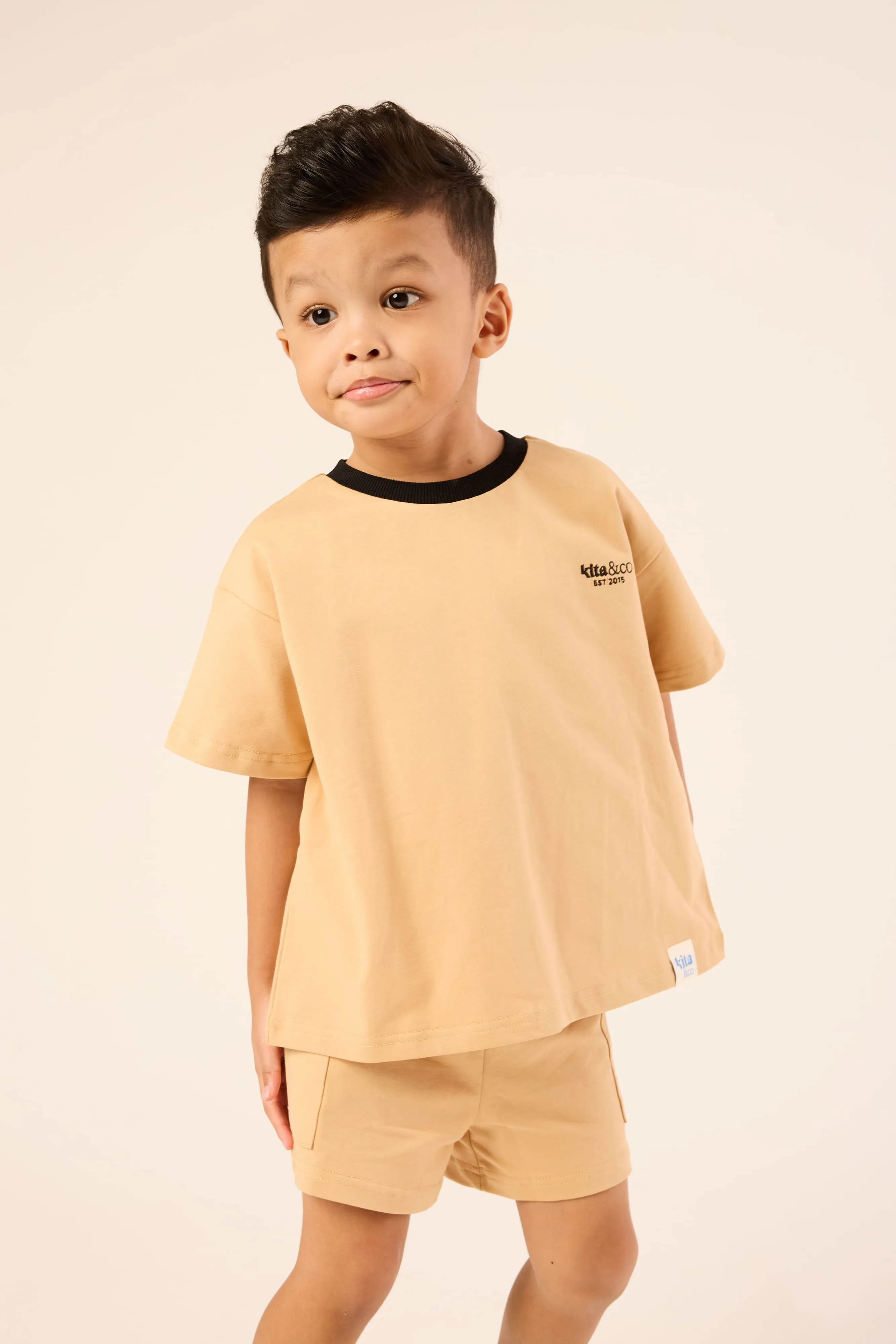 Camel Brown Comfy Ribbed Collar T-Shirt - Kids