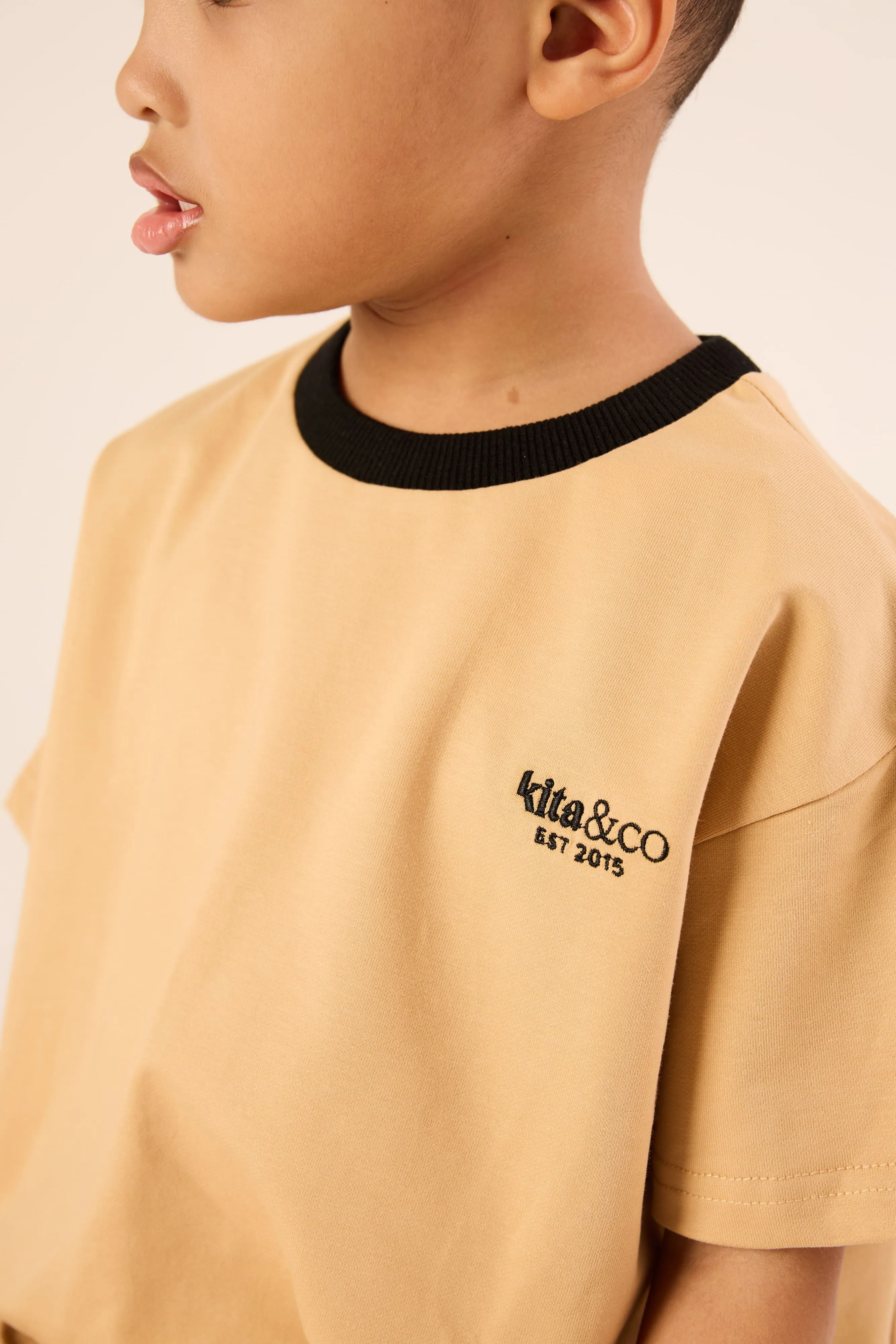 Camel Brown Comfy Ribbed Collar T-Shirt - Kids