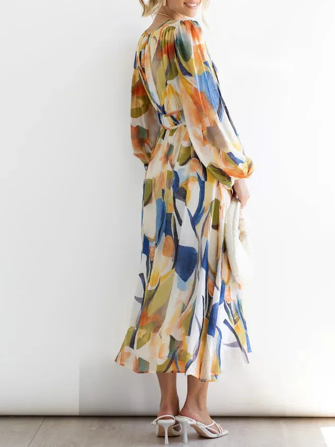 Colorful Abstract Print Long Sleeve  Midi Dress