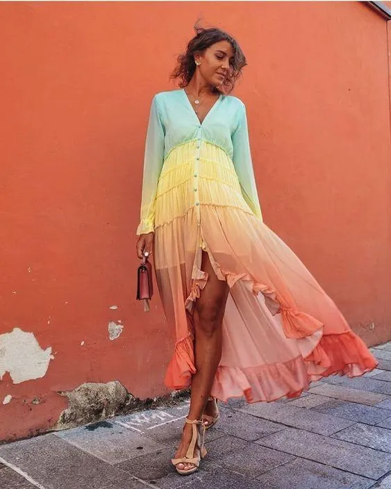 Colorful Bohemian Rainbow Buttom Maxi Dress