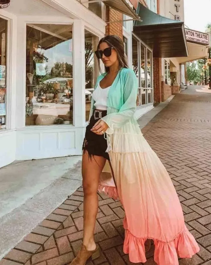 Colorful Bohemian Rainbow Buttom Maxi Dress