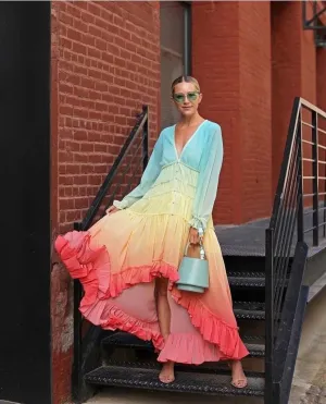 Colorful Bohemian Rainbow Buttom Maxi Dress