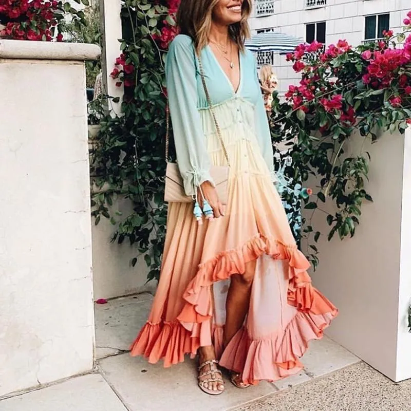 Colorful Bohemian Rainbow Buttom Maxi Dress