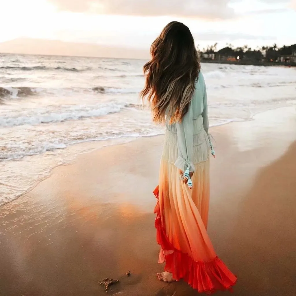 Colorful Bohemian Rainbow Buttom Maxi Dress