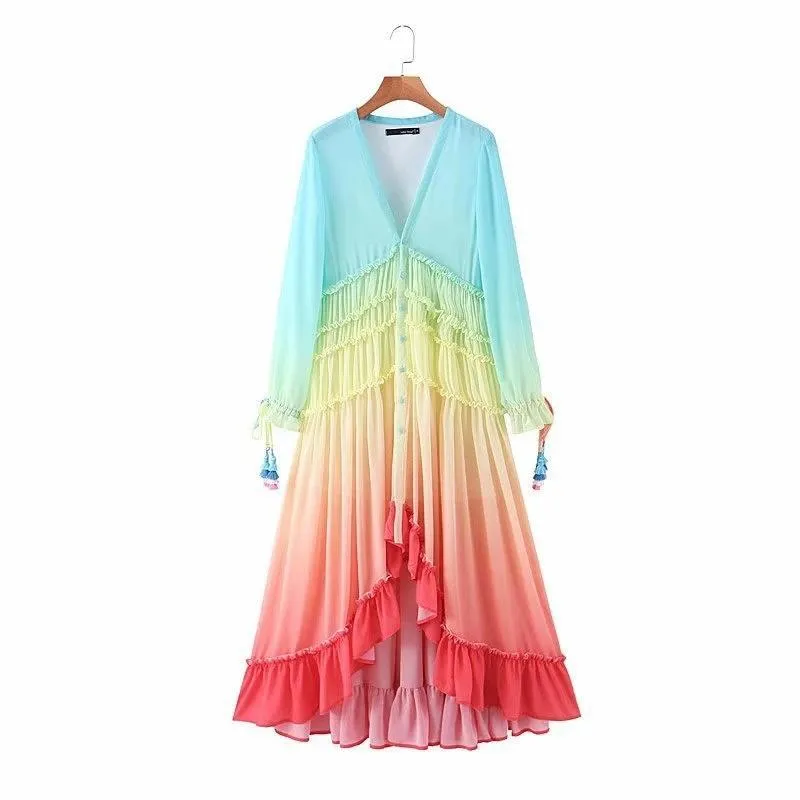 Colorful Bohemian Rainbow Buttom Maxi Dress