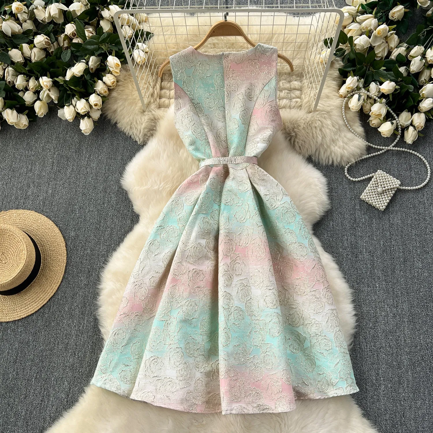 Colorful Carved Jacquard Sleeveless Dress
