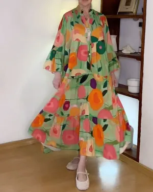 Colorful floral print bell sleeve patchwork dress