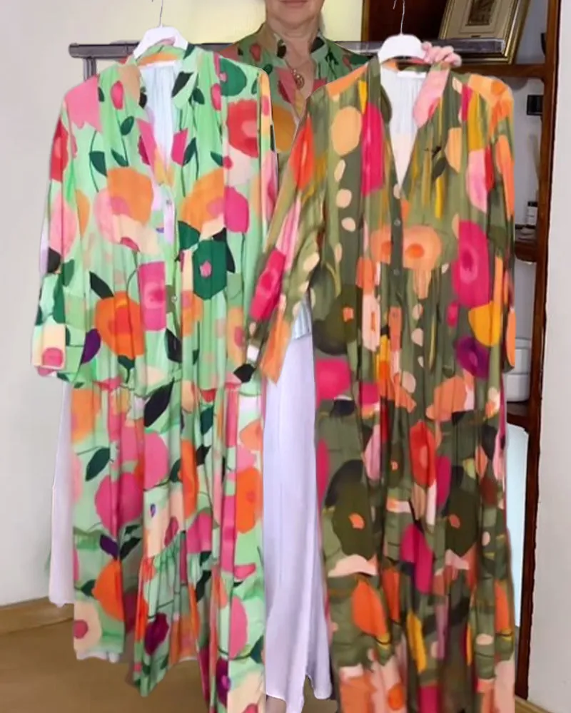 Colorful floral print bell sleeve patchwork dress