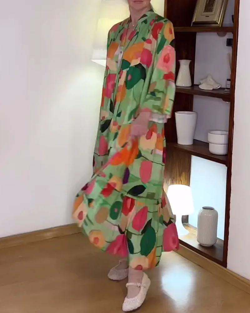 Colorful floral print bell sleeve patchwork dress