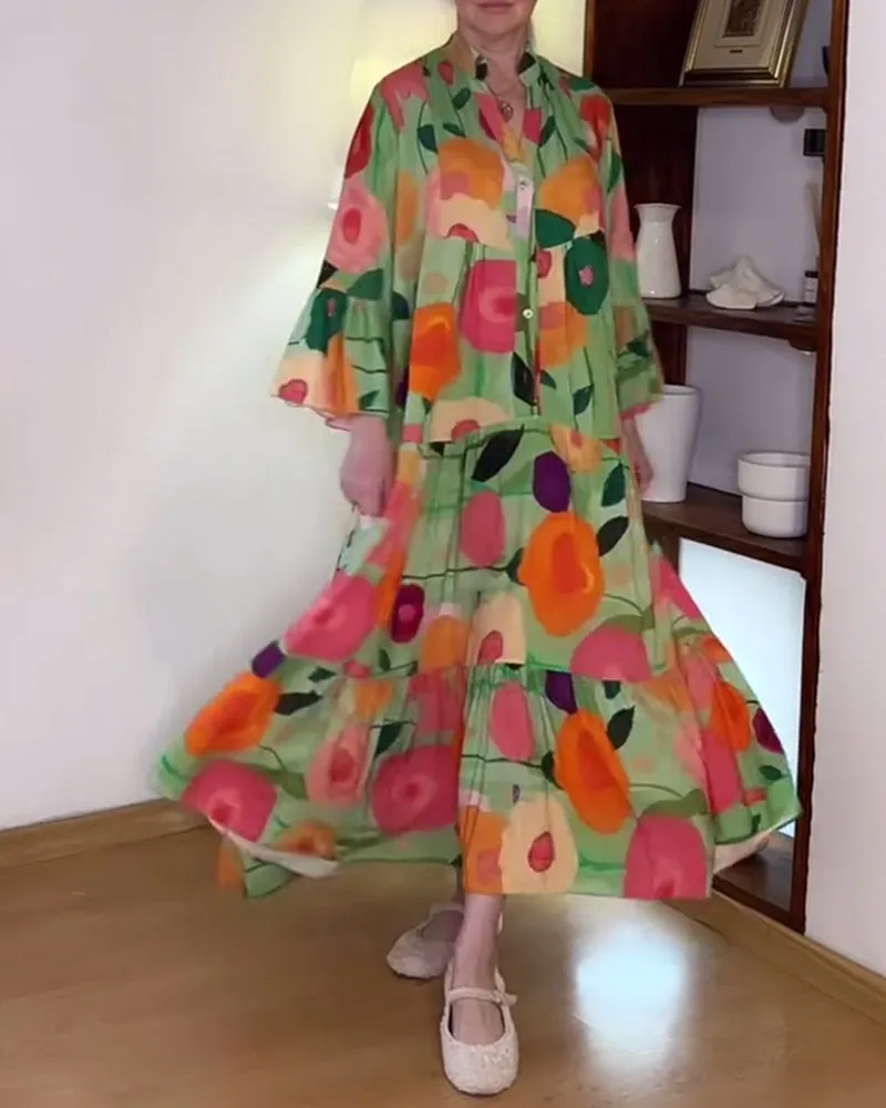 Colorful floral print bell sleeve patchwork dress