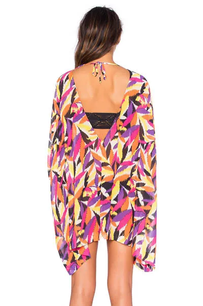 Colorful Leaves Print V Neck Summer Beach Cover-up