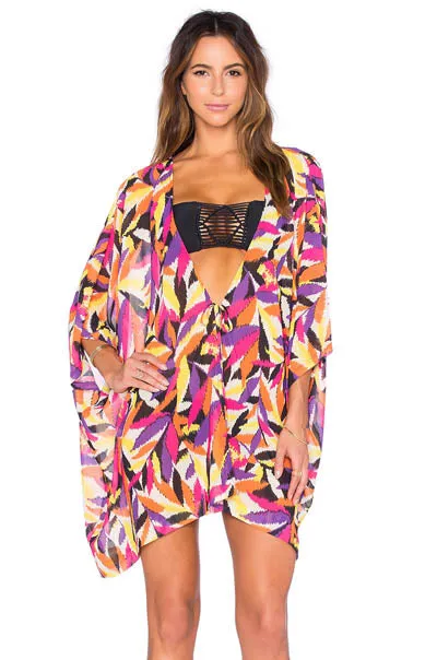 Colorful Leaves Print V Neck Summer Beach Cover-up