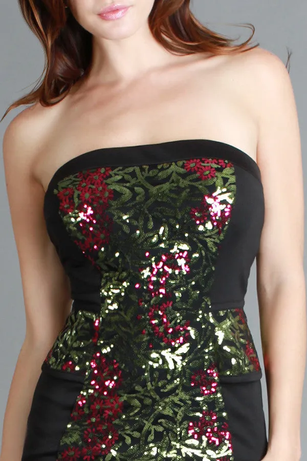 Colorful Metallic Rose Sequin Black Cocktail Dress
