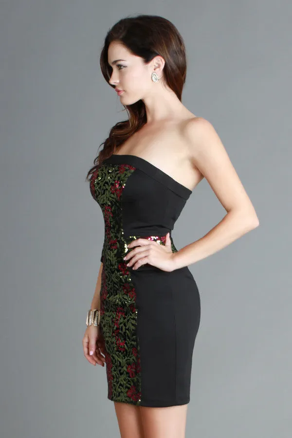 Colorful Metallic Rose Sequin Black Cocktail Dress