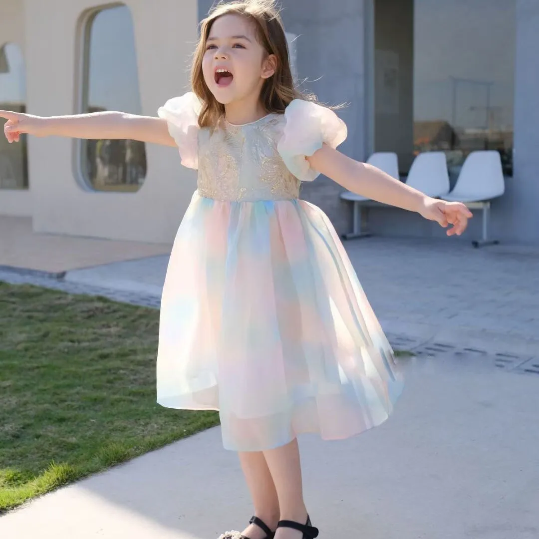 Colorful Patchwork Kids Girls Princess Party Dress
