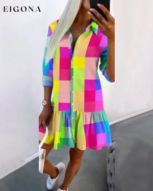 Colorful plaid print shirt dress