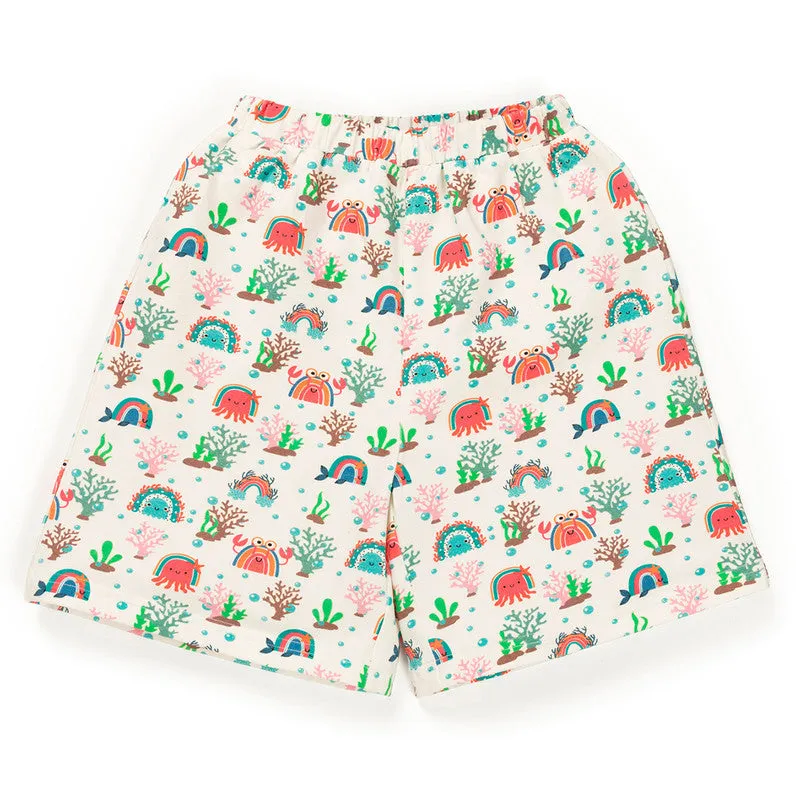 Cotton Shorts For Kids | Sea Life Printed | White