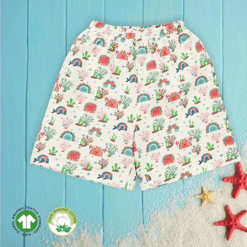 Cotton Shorts For Kids | Sea Life Printed | White
