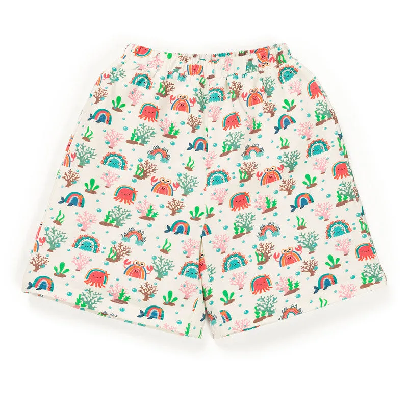 Cotton Shorts For Kids | Sea Life Printed | White