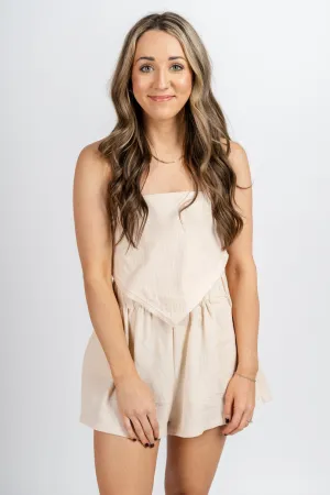 Cropped gauze top light taupe