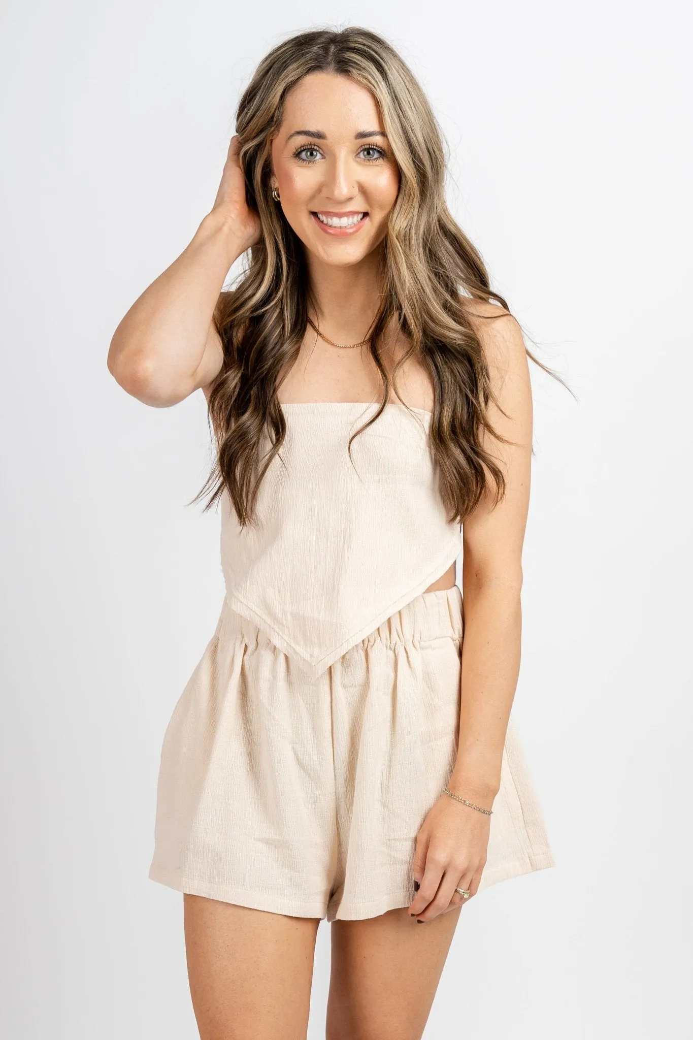 Cropped gauze top light taupe
