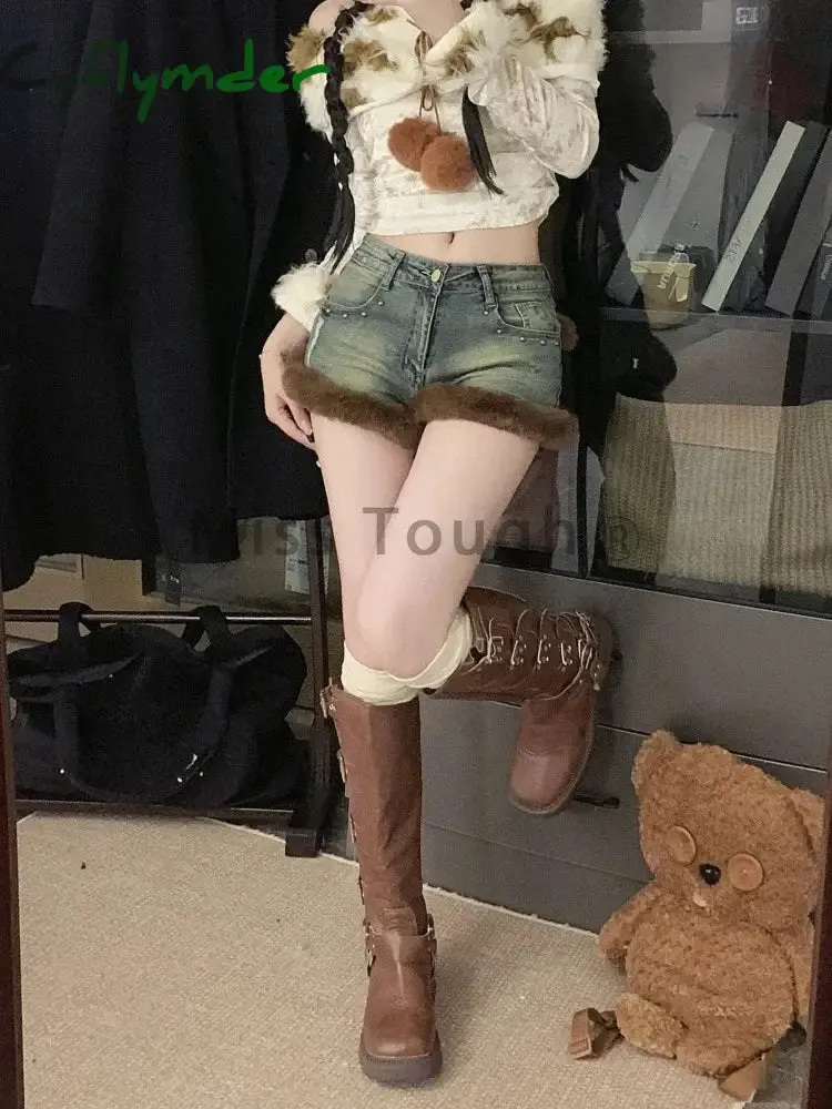 Cyflymder winter club outfits American Y2k Hottie Blue Jeans Women's Spring Versatile Skinny Shorts Fashion Design Washed 2000s Fur Streetwear Slim Pants New