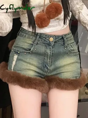 Cyflymder winter club outfits American Y2k Hottie Blue Jeans Women's Spring Versatile Skinny Shorts Fashion Design Washed 2000s Fur Streetwear Slim Pants New