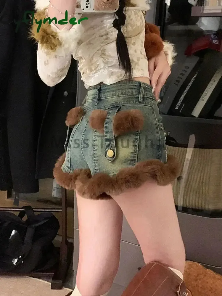 Cyflymder winter club outfits American Y2k Hottie Blue Jeans Women's Spring Versatile Skinny Shorts Fashion Design Washed 2000s Fur Streetwear Slim Pants New