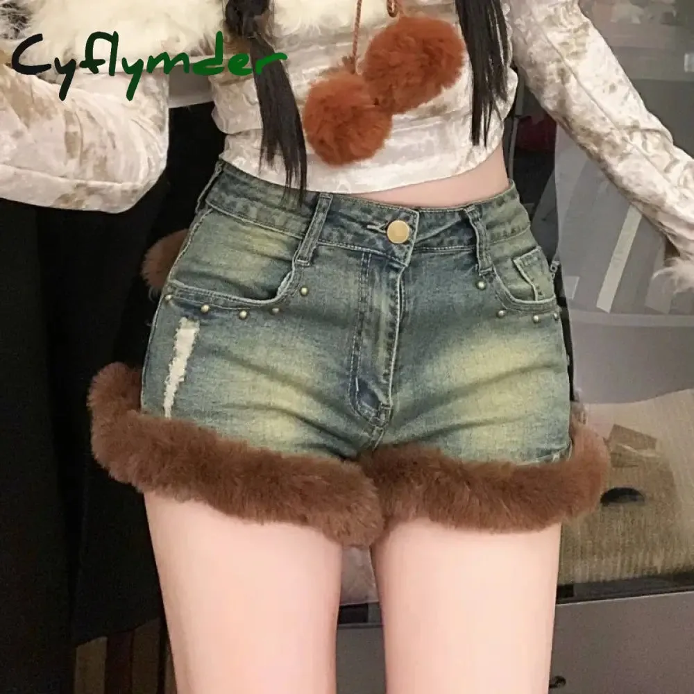 Cyflymder winter club outfits American Y2k Hottie Blue Jeans Women's Spring Versatile Skinny Shorts Fashion Design Washed 2000s Fur Streetwear Slim Pants New