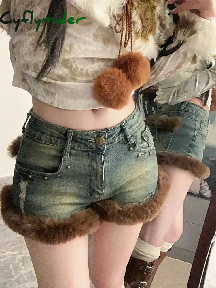 Cyflymder winter club outfits American Y2k Hottie Blue Jeans Women's Spring Versatile Skinny Shorts Fashion Design Washed 2000s Fur Streetwear Slim Pants New