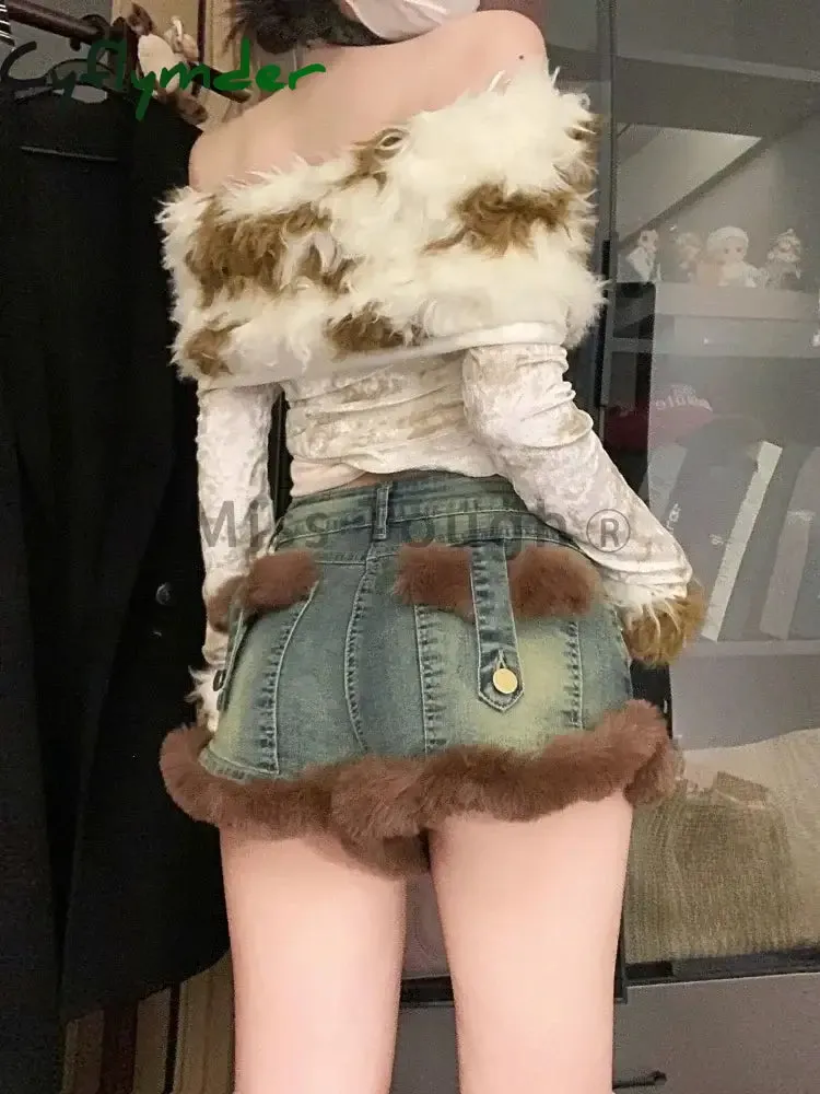 Cyflymder winter club outfits American Y2k Hottie Blue Jeans Women's Spring Versatile Skinny Shorts Fashion Design Washed 2000s Fur Streetwear Slim Pants New
