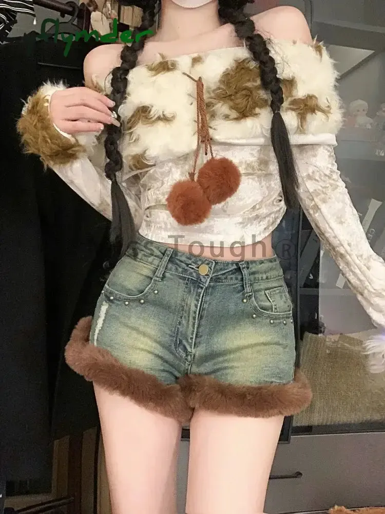 Cyflymder winter club outfits American Y2k Hottie Blue Jeans Women's Spring Versatile Skinny Shorts Fashion Design Washed 2000s Fur Streetwear Slim Pants New