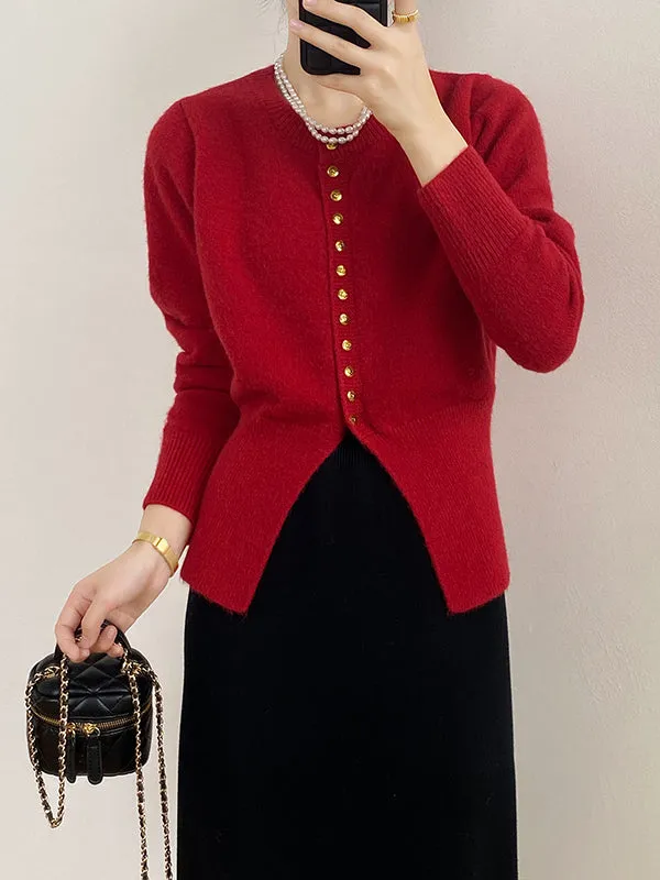 Elegant Long Sleeves Solid Color Round-Neck Cardigan Tops