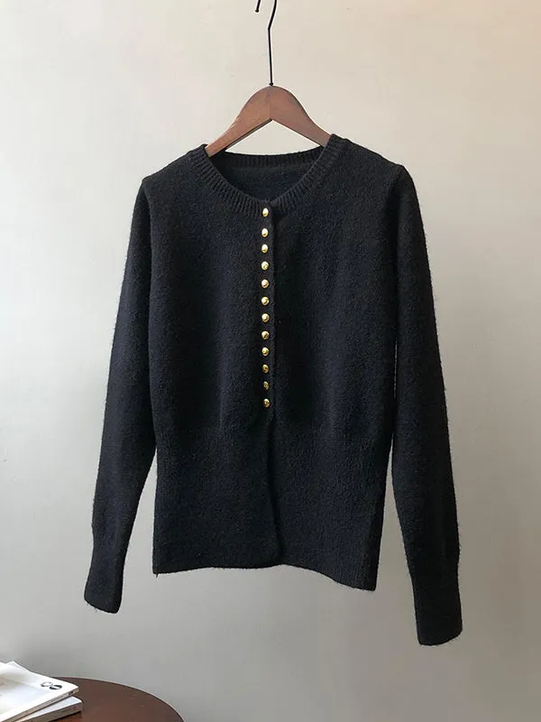 Elegant Long Sleeves Solid Color Round-Neck Cardigan Tops