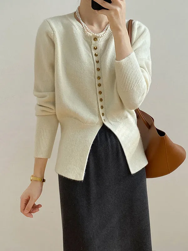 Elegant Long Sleeves Solid Color Round-Neck Cardigan Tops